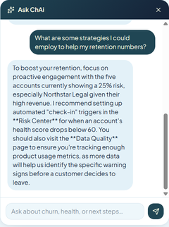 Ask ChAi chat widget showing a retention question and a prioritised, data-grounded answer